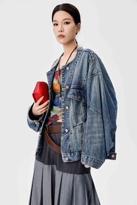 Autumn And Winter New Jiangnan Fabric Denim Jacket , Gray Tone Architectural Style Pleated Long Skirt