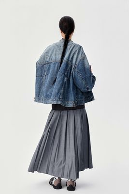 Autumn And Winter New Jiangnan Fabric Denim Jacket , Gray Tone Architectural Style Pleated Long Skirt