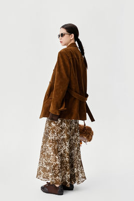 Autumn And Winter New Retro Double Breasted Waist Cinched Pu Jacket French Retro Floral Half Skirt High Waist Slimming Effect Mid Length A-line Skirt