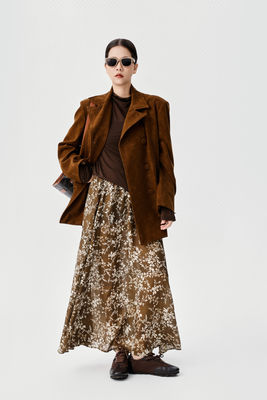 Autumn And Winter New Retro Double Breasted Waist Cinched Pu Jacket French Retro Floral Half Skirt High Waist Slimming Effect Mid Length A-line Skirt