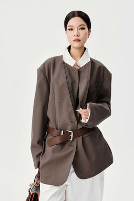 New Autumn And Winter Color Blocked Double Collar Suit Jacket