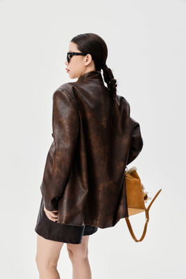 Autumn Style Tie Dye PU Leather Jacket , Dark Brown High Waisted Leather Shorts