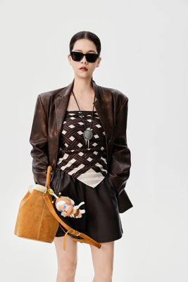 Autumn Style Tie Dye PU Leather Jacket , Dark Brown High Waisted Leather Shorts