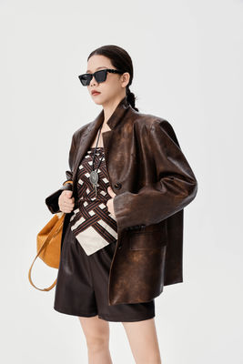 Autumn Style Tie Dye PU Leather Jacket , Dark Brown High Waisted Leather Shorts