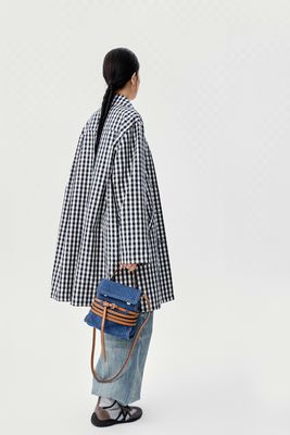 Retro Blue And White Checkered Waist Windbreaker With Niche Design Sense , Mid Length Silhouette , Shirt Style Jacket