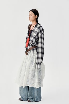 Autumn Plaid Patchwork Skirt With Black And White Plaid Oversized Shirt