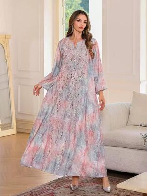SMT136-A  Middle Eastern Modest Wear Pink-Blue Ombre Sequin Embellished Maxi Robe
