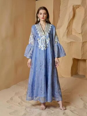 SMT187  Middle Eastern Modest Wear Blue Feather Embroidered Bell Sleeve Maxi Robe