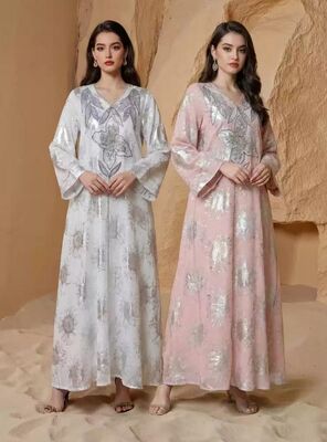 SMT182 Middle Eastern Modest Wear Silver Foil Floral Embellished V-Neck Maxi Robe