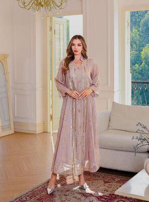 SMT050  Middle Eastern Modest Wear Blush Pink Jacquard Gold Embellished Maxi Robe