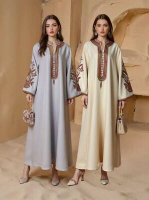 SMT075 Middle Eastern Modest Wear Ethnic Embroidered V-Neck Maxi Abaya