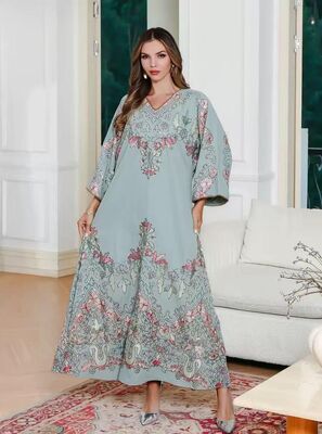 SMT148  Middle Eastern Modest Wear Misty Blue Floral Print V-Neck Maxi Robe