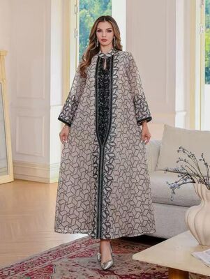 SMT129   Middle Eastern Modest Wear Black Vein Embroidered Stand Collar Abaya