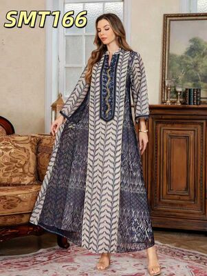 Middle Eastern Modest Wear SMT166/SMT150/SMT152  Blue Leaf Totem Embroidered/Autumn Leaf Metallic Print/Leopard Print Beaded V-Neck   Abaya