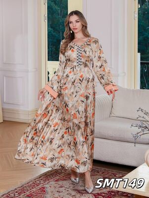 Middle Eastern Modest Wear SMT149/SMT190  Orange Floral Print Tie-Waist/Blush Floral Gold Embroidered   Abaya
