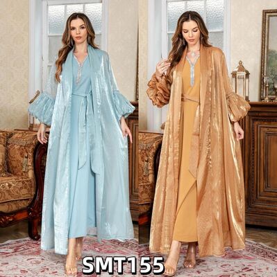 Middle Eastern Modest Wear SMT127/SMT155 Gold Trim Geometric Print Abaya/Shimmering Sheer Robe & Dress Set