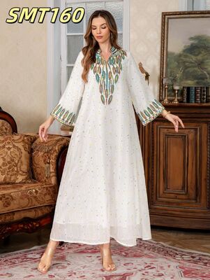 Middle Eastern Modest Wear SMT160 White Multi-Color Embroidered Maxi Abaya
