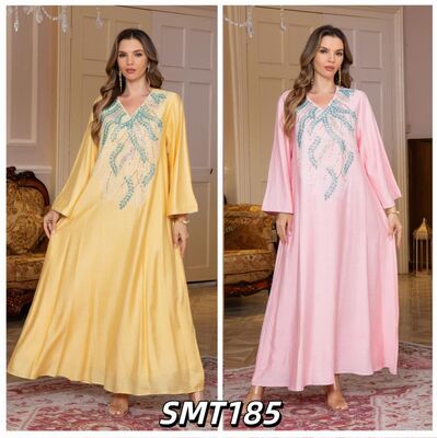 Middle Eastern Modest Wear SMT162/SMT169/SMT185  Embroidered V-Neck Maxi/Silver Beaded Leaf Jacquard /V-Neck Beaded Maxi  Abaya