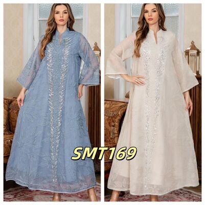Middle Eastern Modest Wear SMT162/SMT169/SMT185  Embroidered V-Neck Maxi/Silver Beaded Leaf Jacquard /V-Neck Beaded Maxi  Abaya