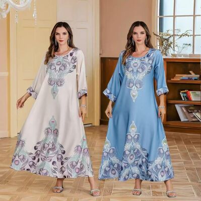 SMT212 Middle Eastern Modest Wear Feather Leaf Print Crew Neck Maxi Abaya