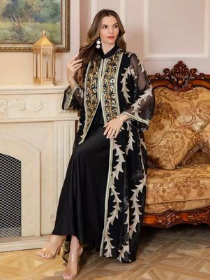 SMT094 Middle Eastern Modest Wear Gold Leaf Embroidered Stand Collar Abaya