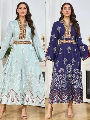 MT460   Middle Eastern Modest Wear Ethnic Embroidered Waist-Tie Maxi Abaya