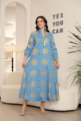 MT446    Middle Eastern Modest Wear Sunburst Print Tassel V-Neck Abaya