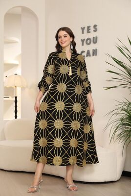 MT446    Middle Eastern Modest Wear Sunburst Print Tassel V-Neck Abaya