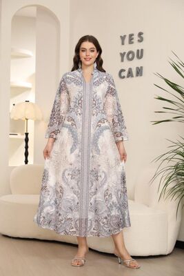 241111 Middle Eastern Modest Wear Paisley Print Sheer Robe & Dress Set