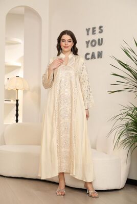 MT397  Middle Eastern Modest Wear Black & Silver Medallion Embroidered Abaya