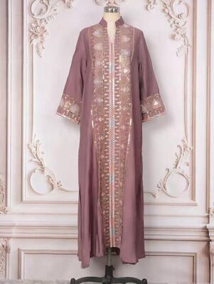 MT395  Middle Eastern Modest Wear Dusty Rose Gold Embroidered Abaya