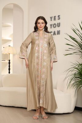 MT395  Middle Eastern Modest Wear Dusty Rose Gold Embroidered Abaya