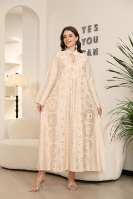 MT393 Middle Eastern Modest Wear Cream & Gold Sequin Cutout Abaya