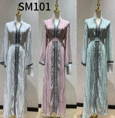 Middle Eastern Modest Wear MT392(SM101)  Shimmer Stripe Waist-Tie Maxi Abaya