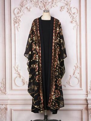 MT403 Middle Eastern Modest Wear Black & Gold Sequin Embellished Kimono Abaya Set