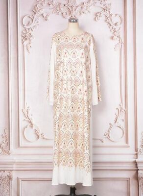 MT402 Middle Eastern Modest Wear Cream Peacock Scale Embroidered Maxi Abaya