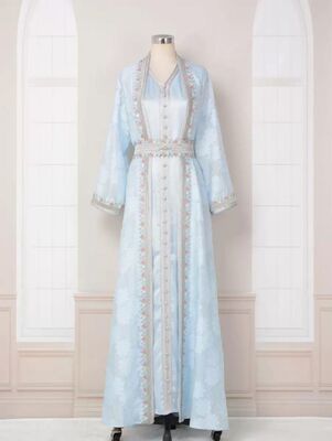 MT073  Middle Eastern Modest Wear Sky Blue Floral Embroidered Button-Front Abaya