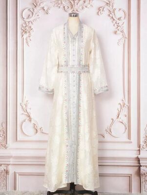 MT073  Middle Eastern Modest Wear Sky Blue Floral Embroidered Button-Front Abaya