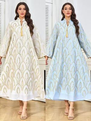 MT461 Middle Eastern Modest Wear Peacock Scale Gold Embellished Tassel Abaya (Dual Colorways)