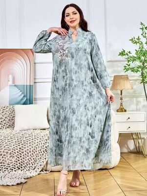 MT385 Middle Eastern Modest Wear Tie-Dye Sequin Floral Embroidered Abaya