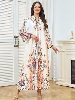 MT573 Middle Eastern Modest Wear Bohemian Floral Print Bell-Sleeve Abaya