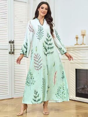MT534  Middle Eastern Modest Wear Mint Green Botanical Print V-Neck Abaya