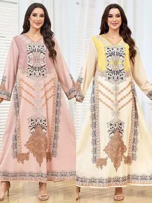MT531 Middle Eastern Modest Wear Bohemian Totem Print V-Neck Abaya (Dual Colorways)