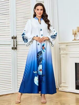 MT521  Middle Eastern Modest Wear Ombre Blue Floral Print Bell-Sleeve Abaya