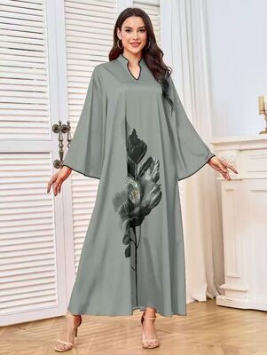 MT524  Middle Eastern Modest Wear Sage Green Floral Print Kaftan Abaya