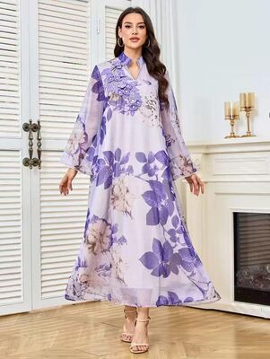MT502  Middle Eastern Modest Wear Lilac Floral Embroidered Chiffon Abaya