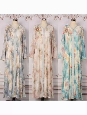 MT542  Middle Eastern Modest Wear Watercolor Floral Embroidered Chiffon Abaya (Triple Colorways)