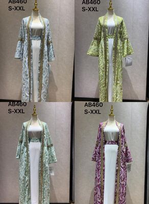AB460 Middle Eastern Modest Wear Leaf Print Embellished Robe Set (Four Colorways)