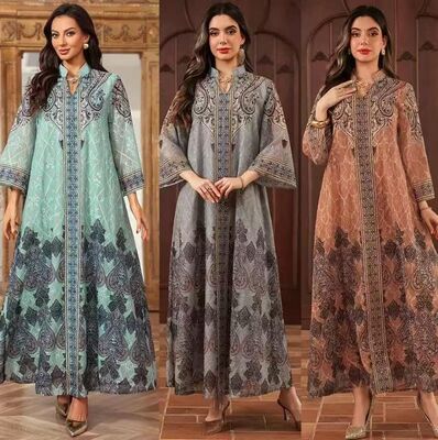 AB529 Middle Eastern Modest Wear Ombre Paisley Print Abaya With Gold Trim (3 Colors)