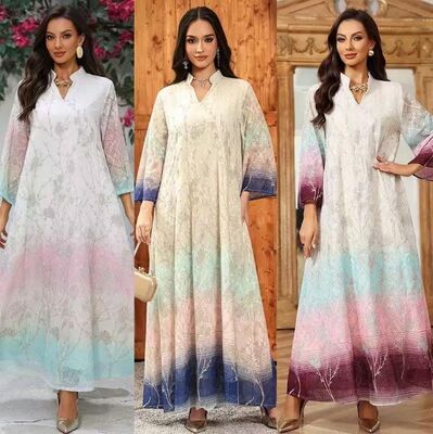 AB508  Middle Eastern Modest Wear Ombre Floral Print Chiffon Abaya (3 Colors)